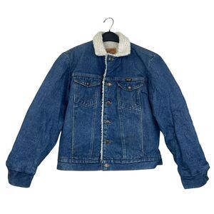 VTG Wrangler Mens M Sherpa Fleece Lined Denim Blue Jean Jacket Distressed *read‎